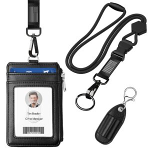 elv badge holder with zipper and lanyard, pu leather id badge card holder wallet with 5 card slots, rfid blocking pocket, adjustable detachable neck lanyard with keychain and pen holder