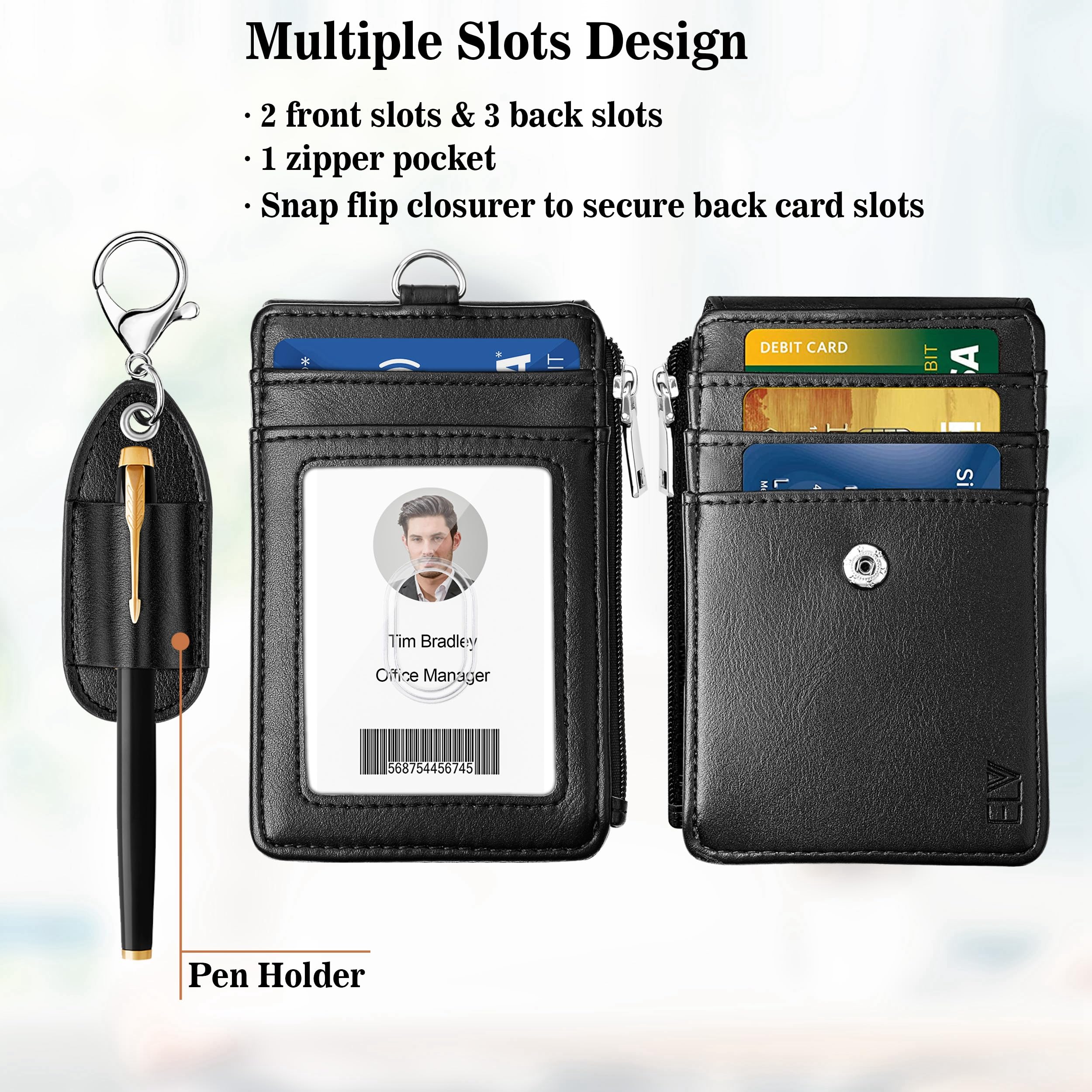 ELV Badge Holder with Zipper and Lanyard, PU Leather ID Badge Card Holder Wallet with 5 Card Slots, RFID Blocking Pocket, Adjustable Detachable Neck Lanyard with Keychain and Pen Holder