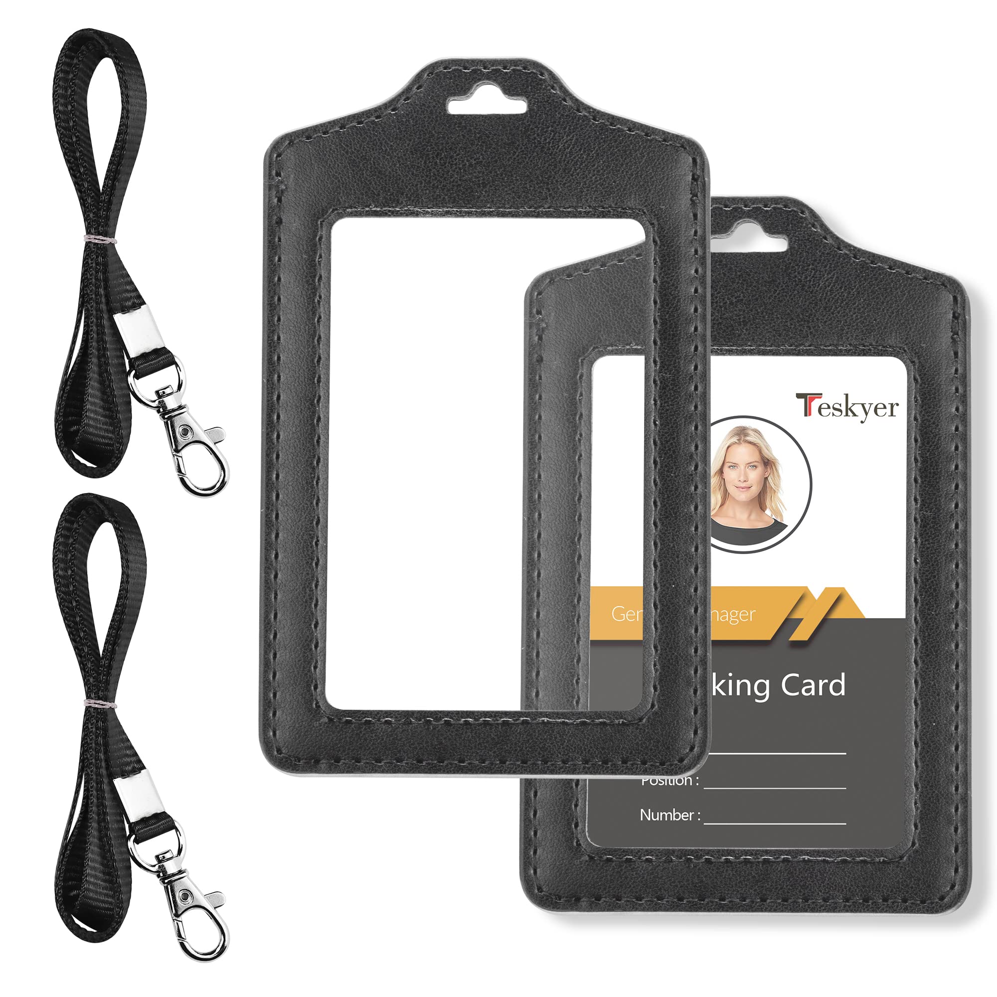 Teskyer 2 Pack of Double Sided Clear Badge Holder with Lanyard, PU Leather ID Badge Name Card Holder with Stainless Steel J-Hook Nylon Lanyard for Work ID, School ID, Metro Card, Access Card, Black