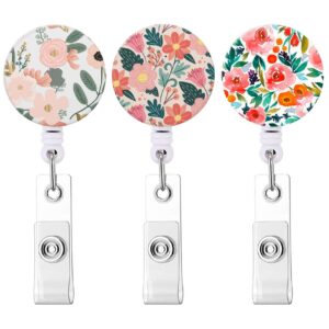 badge reel, retractable nurse badge holder with alligator clip id name card badge clip for office student doctor nurse (3pack pink flower)