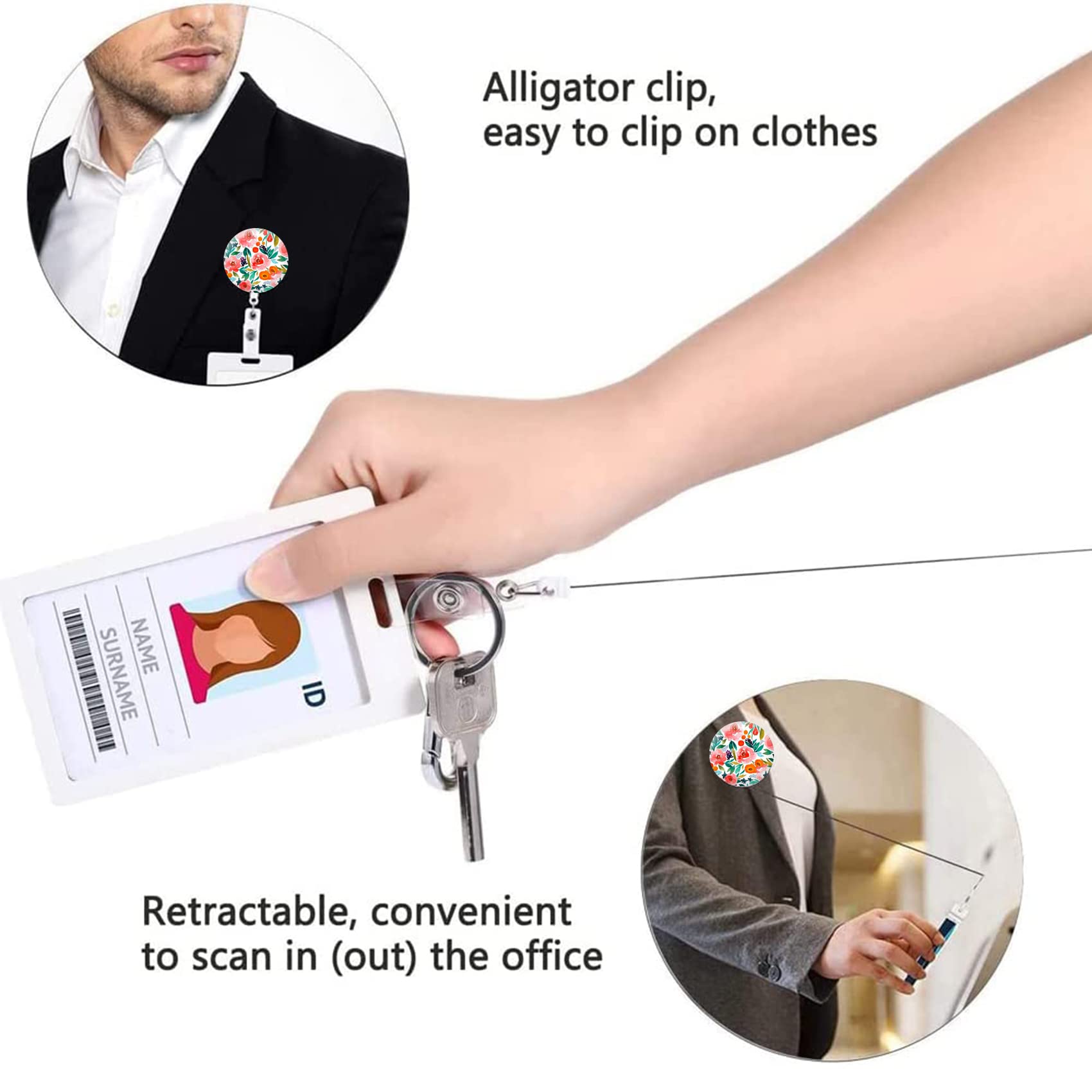 Badge Reel, Retractable Nurse Badge Holder with Alligator Clip ID Name Card Badge Clip for Office Student Doctor Nurse (3pack Pink Flower)