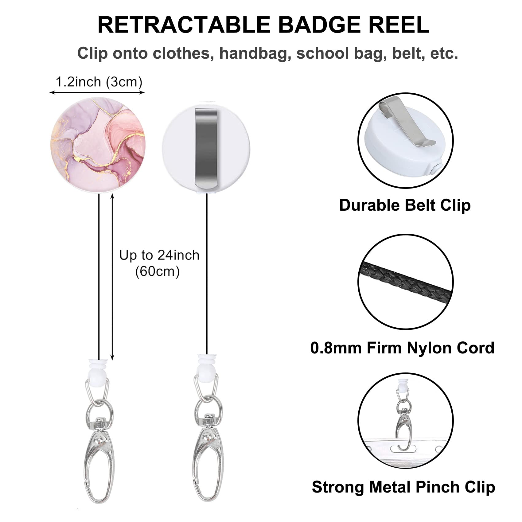 Badge Reels Retractable with Carabiner Reel Clip, Worker Badge Holder Belt Ferrule, Identity ID Badge Holder Case, Nurse Doctor Office School Teacher Name Credit Card Pocket (H-Marble Pretty)