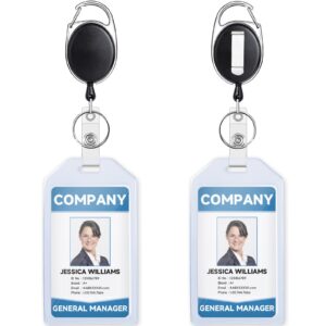 teskyer 2 pack heavy duty retractable badge holders with carabiner reel clip and extra thick clear name tag id card holders, vertical