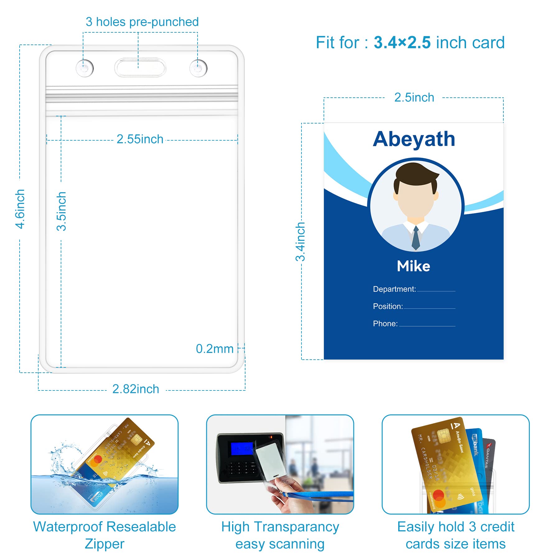 ABEYATH 10Pcs Extra Thick ID Card Name Badge Holder Heavy Duty Waterproof Clear Plastic PVC Vertical Sleeve Pocket Resealable