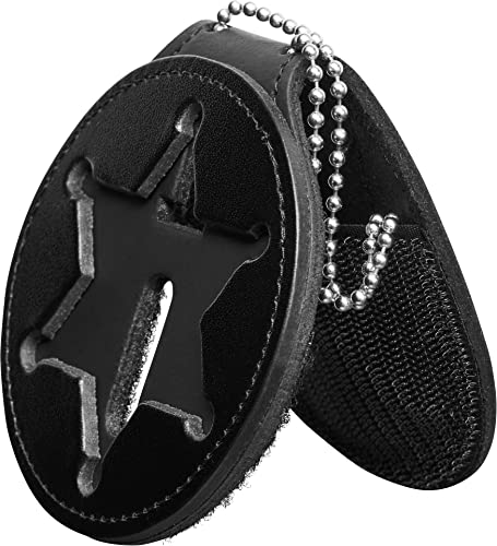 Perfect Fit Sheriff Star Badge Holder Belt Badge Clip and Neck Chain Black Leather (Cutout 199)