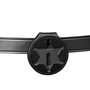 Perfect Fit Sheriff Star Badge Holder Belt Badge Clip and Neck Chain Black Leather (Cutout 199)