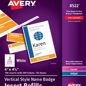 Avery Customizable Name Badge and Ticket Inserts, 6" x 4.25", White, 100 Printable Name Tag Inserts with Tickets (8522)