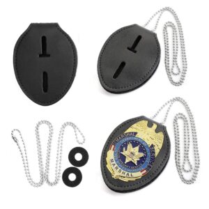 Cedilis 2 Pack Police Badge Holder with Metal Clip, Made of PU Leather, Professional Use for Law Enforcement, Universal, Free Neck Chain, Oval, Black, Badge Not Included