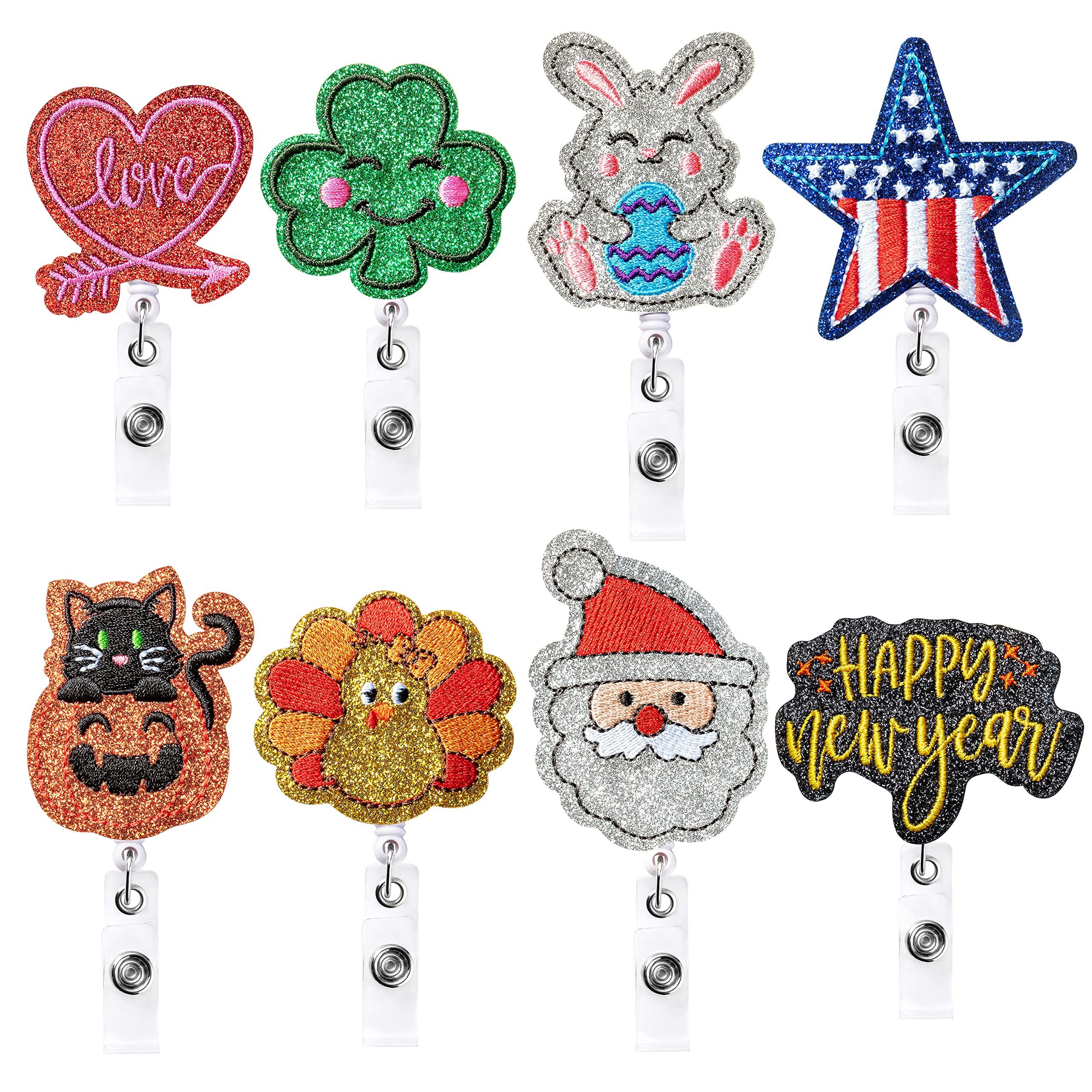 PANTIDE 8Pcs Holiday Badge Reels Love Heart Clover Bunny Embroidered Retractable Felt Name ID Card Decorative Badge Holders with Alligator Clip for Independence Thanksgiving Day Christmas Halloween