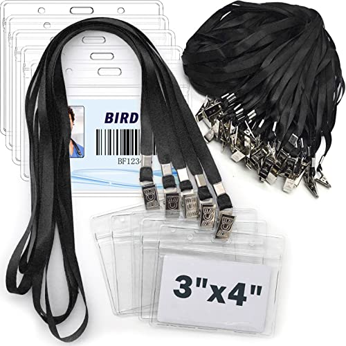 4x3 Name Tags Badge Holder with Lanyard 50 Pack Waterproof Horizontal ID Badge Holder and 50 Pcs Lanyards Nametag for Conferences, Events, and Meetings (Black, 4 X 3 inches)