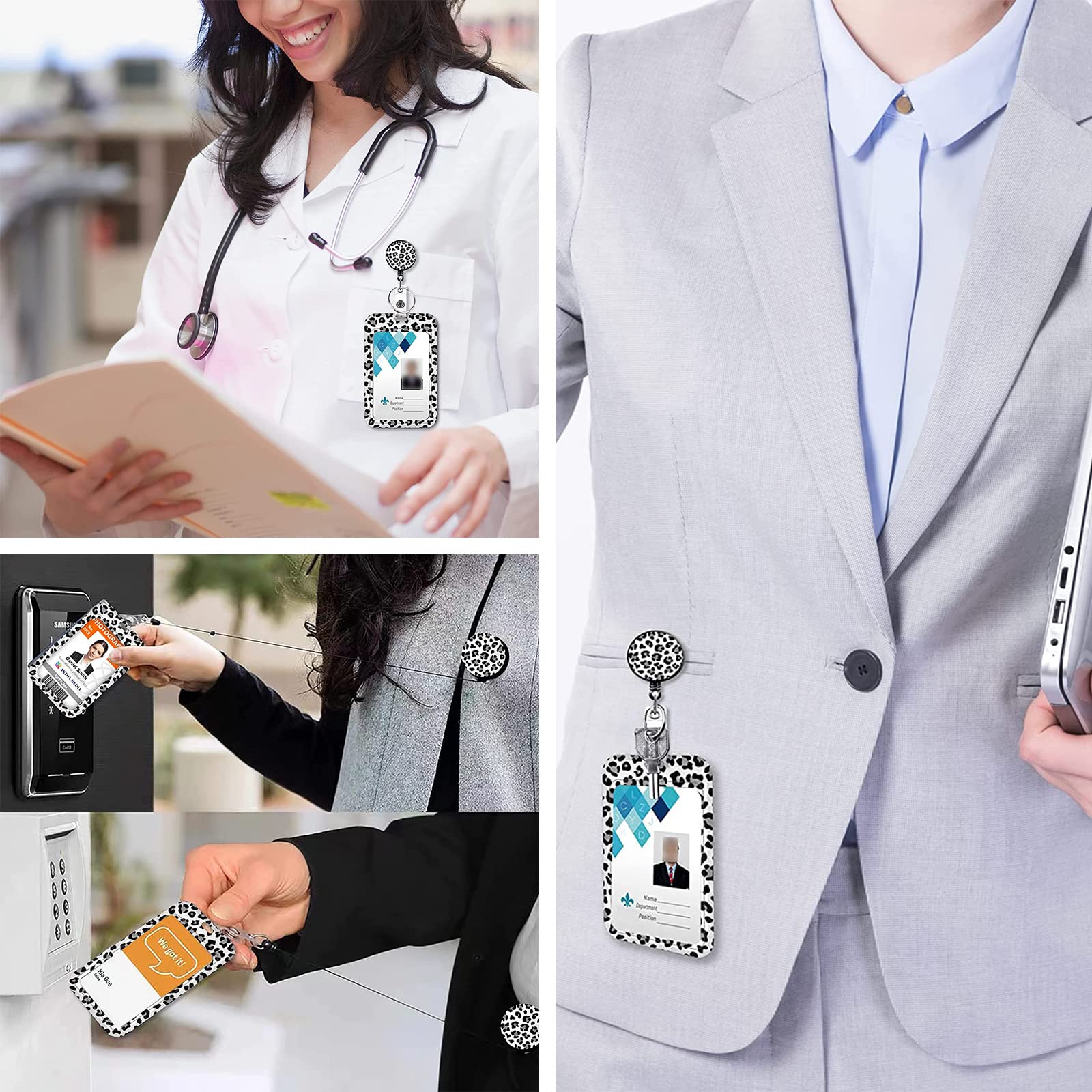 Retractable Badge Holder, with Carabiner Scroll Clip and Keychain, Vertical ID Card Badge Holder, Cute and Fashionable Design Snow Leopard, Badge Holder for Office, Nurse, Teacher（Snow Leopard）