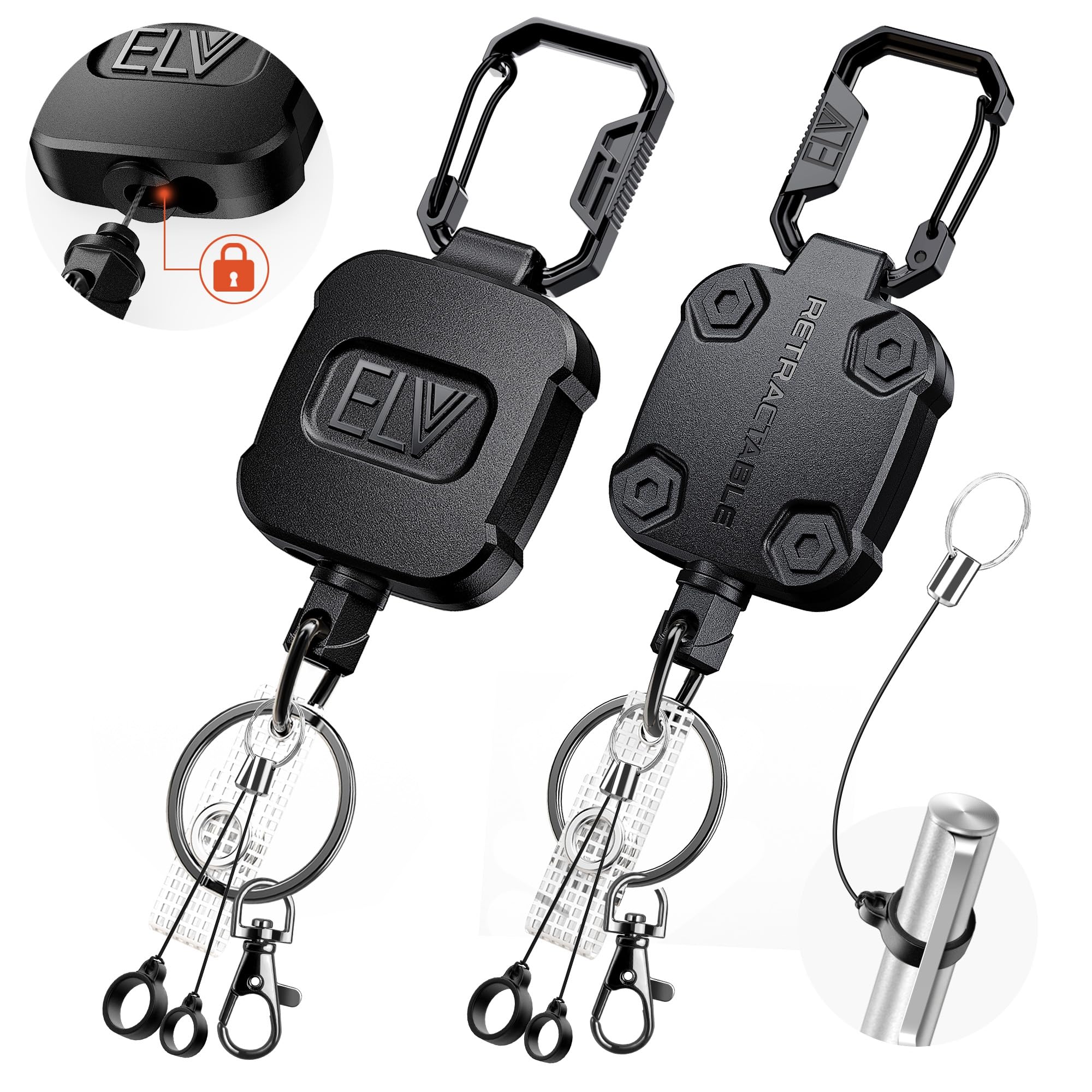 ELV 2 Pack Heavy Duty Retractable Keychain with Lock Function & Carabiner, Retractable ID Badge Holder Clip, Retractable Badge Reel with 32” Dyneema Cord, Key Ring, Lobster Clip and Pen Holders