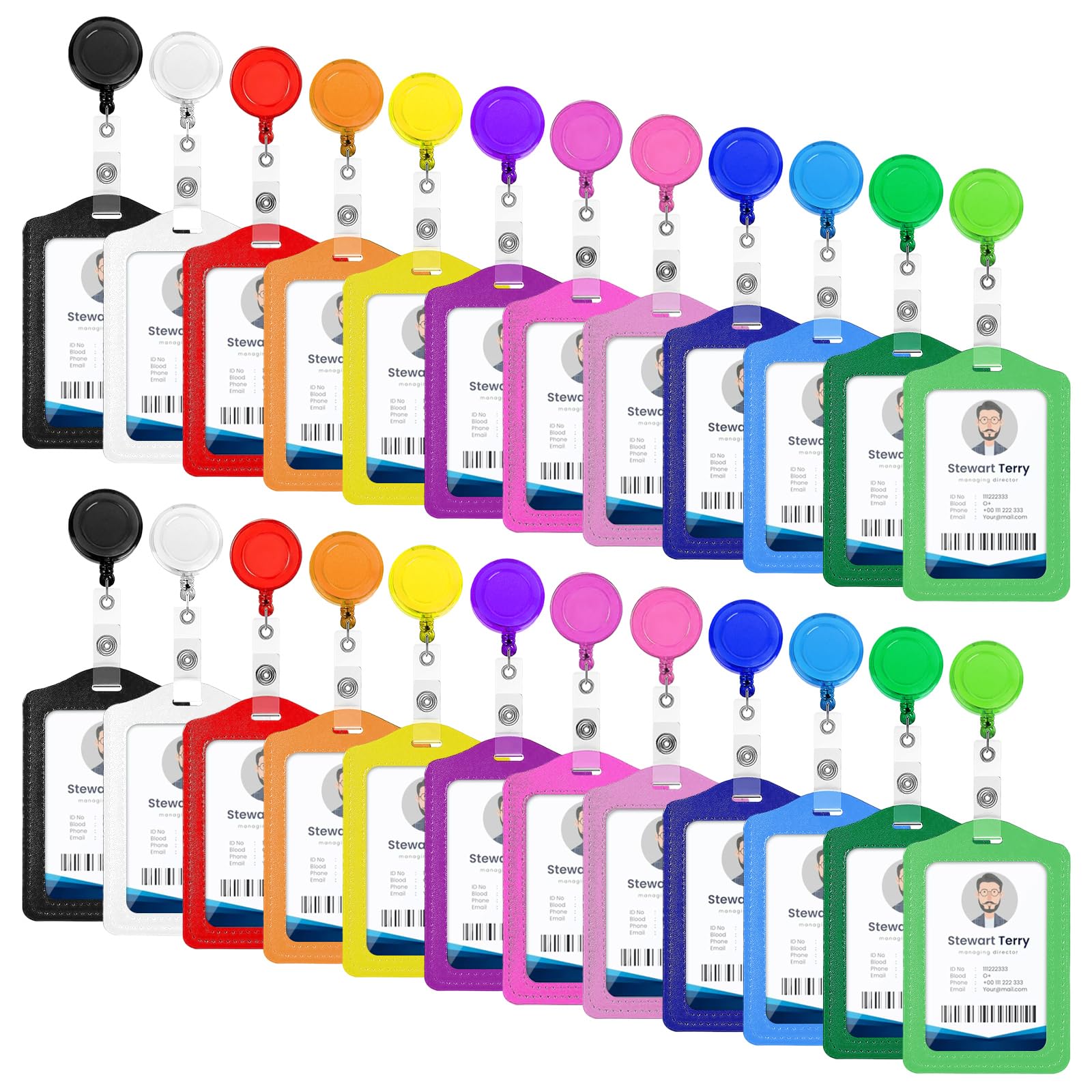 HIMOMO 24 Sets Card Badge Holder Retractable ID Holder Badge with Lanyards Multi-Color Name Badge Holder PU Leather Business ID Card Holder with Clip for Students Teachers Nurses Doctors (Vertical)