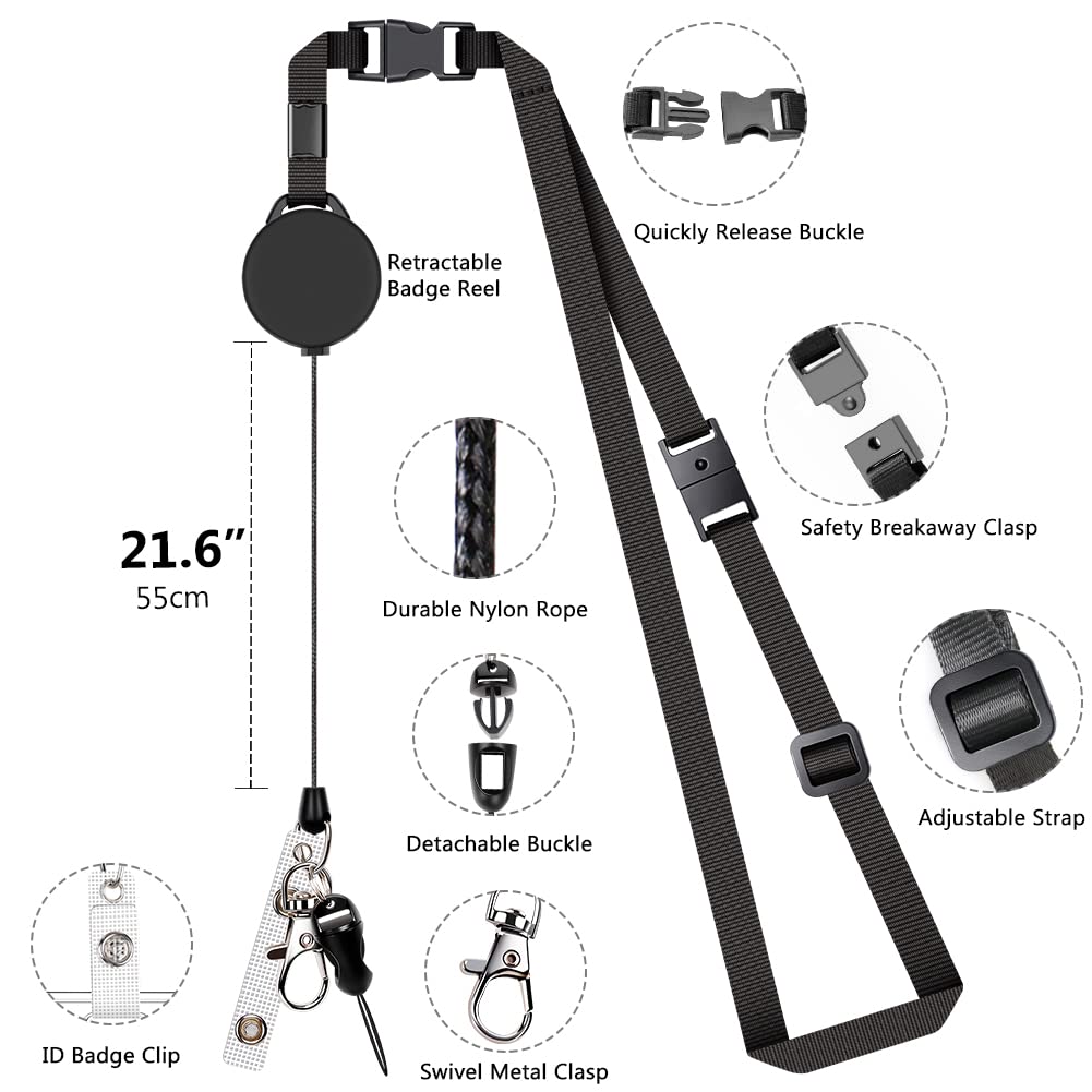 Leather Badge Holder and Adjustable Retractable Lanyards, Quick Release Buckle and Safety Breakaway Lanyards with Swivel Metal Clasp for Offices, Staff, Students, Employees