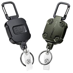 2 pack elv self retractable id badge holder key reel, heavy duty, 32 inches cord, carabiner key chain, retractable keychain key holder, hold up to 15 keys and tools (black with army green)