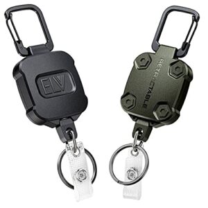 2 Pack ELV Self Retractable ID Badge Holder Key Reel, Heavy Duty, 32 Inches Cord, Carabiner Key Chain, Retractable Keychain Key Holder, Hold Up to 15 Keys and Tools (Black with Army Green)