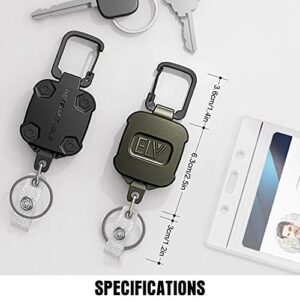 2 Pack ELV Self Retractable ID Badge Holder Key Reel, Heavy Duty, 32 Inches Cord, Carabiner Key Chain, Retractable Keychain Key Holder, Hold Up to 15 Keys and Tools (Black with Army Green)