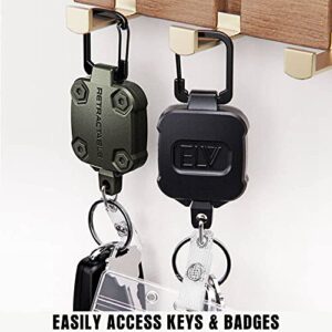 2 Pack ELV Self Retractable ID Badge Holder Key Reel, Heavy Duty, 32 Inches Cord, Carabiner Key Chain, Retractable Keychain Key Holder, Hold Up to 15 Keys and Tools (Black with Army Green)