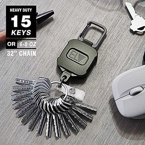 2 Pack ELV Self Retractable ID Badge Holder Key Reel, Heavy Duty, 32 Inches Cord, Carabiner Key Chain, Retractable Keychain Key Holder, Hold Up to 15 Keys and Tools (Black with Army Green)