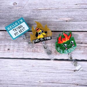 3 PC Funny Badge Reel Retractable with ID Name Tag Card Cute This is Fine Dumpster Fire Hello Badges for Nurse Nurses Nursing RN CNA MA LPN Best Work Office Coworker Alligator Clip Accessories Gift