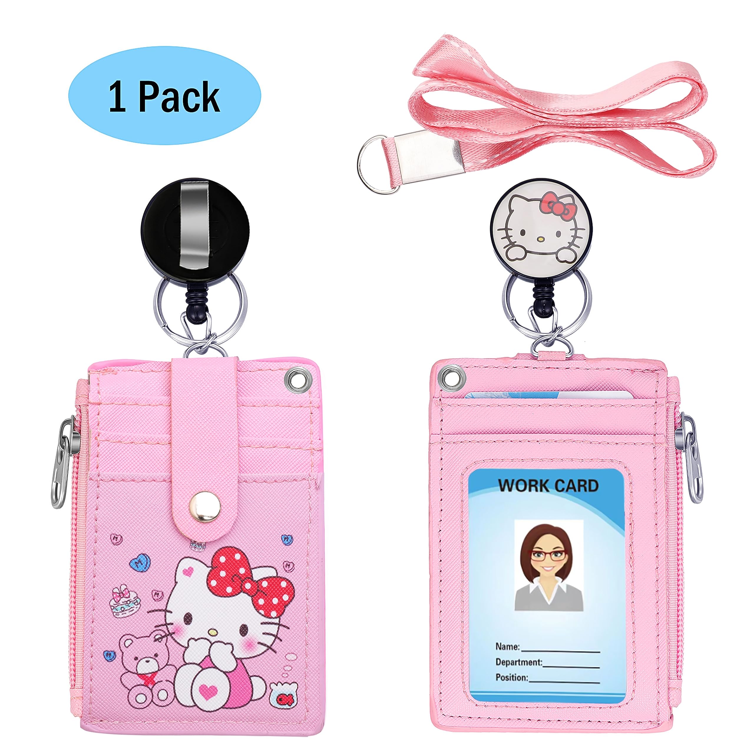 【2024Latest】Cute ID Badge Holder Retractable Lanyard Reel Clip with Heavy Duty Carabiner,5 Card Slots in2 Sided with Key Ring and Zipper for Students Teens Boys Girls Office Staff Women (01 Pink CatA)