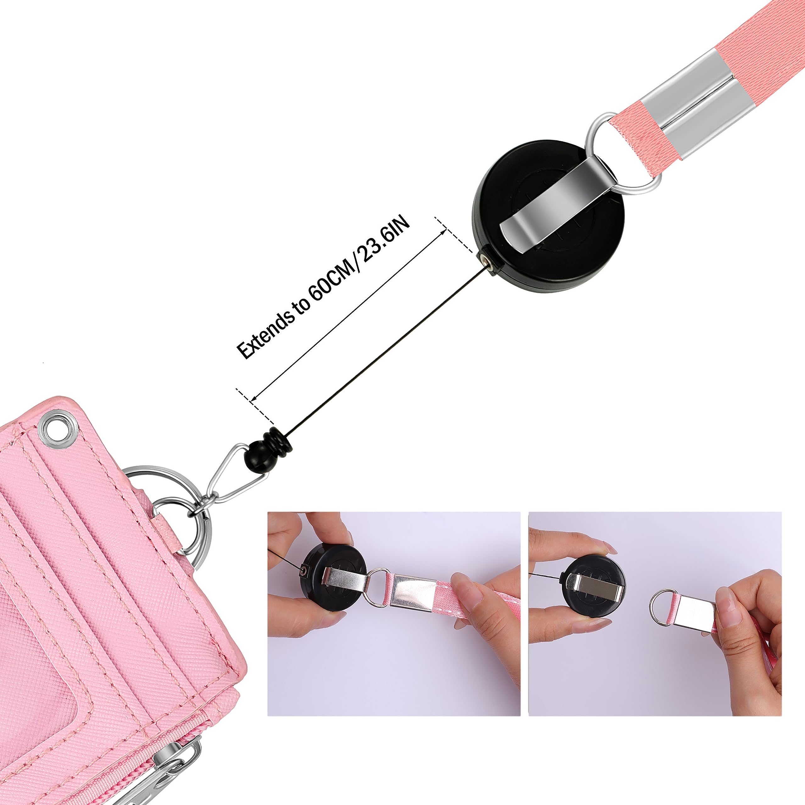 【2024Latest】Cute ID Badge Holder Retractable Lanyard Reel Clip with Heavy Duty Carabiner,5 Card Slots in2 Sided with Key Ring and Zipper for Students Teens Boys Girls Office Staff Women (01 Pink CatA)