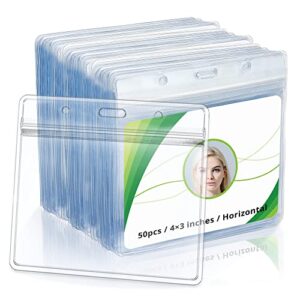 4x3 inches horizontal badge holder, clear id card holder with waterproof resealable zip type protector, badge sleeve fits name tag holder/rfid/proximity/credit card(holders,50pcs)