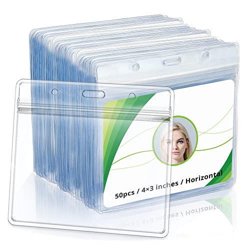 4x3 Inches Horizontal Badge Holder, Clear ID Card Holder with Waterproof Resealable Zip Type Protector, Badge Sleeve Fits Name Tag Holder/RFID/Proximity/Credit Card(Holders,50PCS)