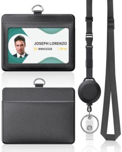 uniclife horizontal leather id badge holder and retractable adjustable lanyard breakaway neck lanyard with retractable badge reel quick-release buckle and card protector for workers students employees