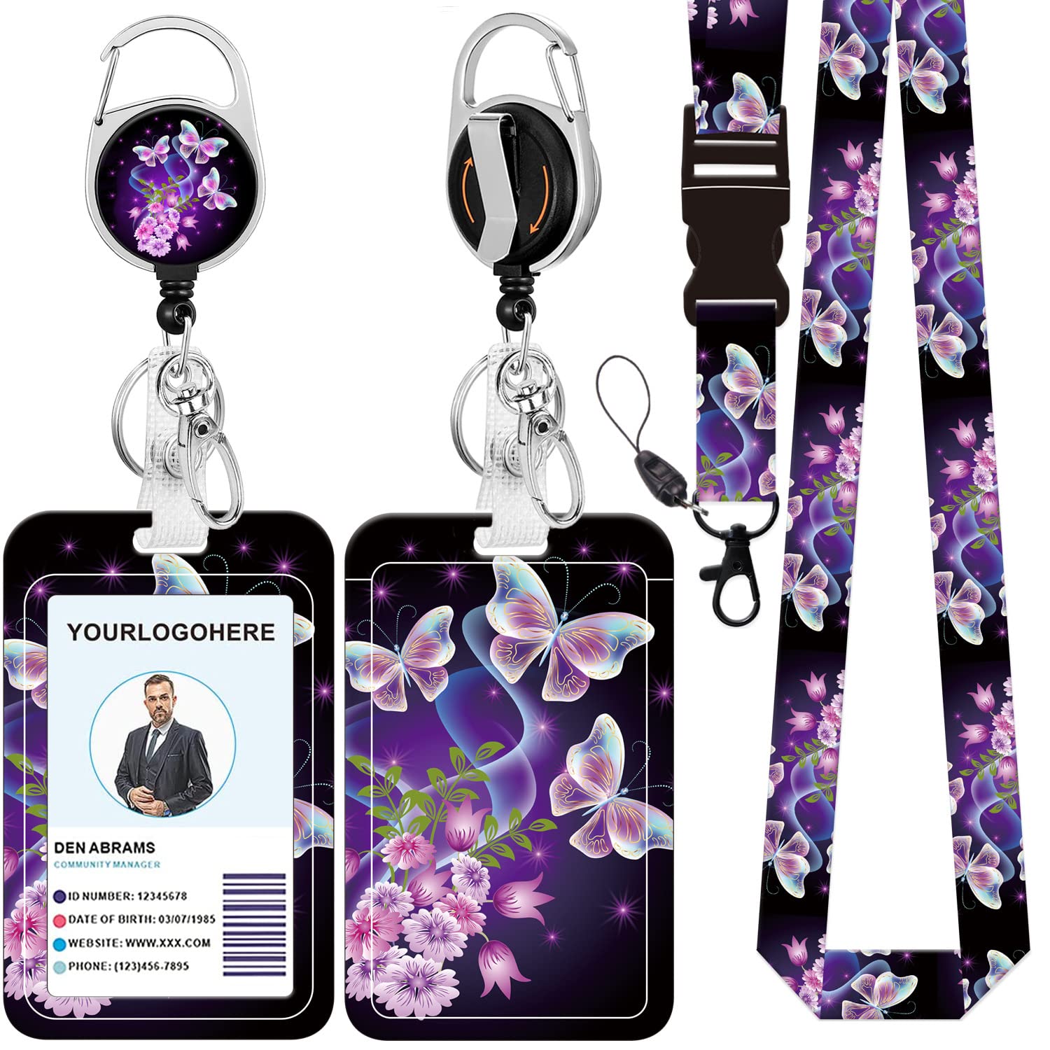Badge Lanyard and ID Badge Holder, Retractable Badge Reels with Carabiner Reel Belt Clip, Strap Lanyard with Lobster Clasp for Badge Holders, Nurse Teacher Office Gifts(BLC-Purple Butterfly)
