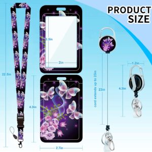 Badge Lanyard and ID Badge Holder, Retractable Badge Reels with Carabiner Reel Belt Clip, Strap Lanyard with Lobster Clasp for Badge Holders, Nurse Teacher Office Gifts(BLC-Purple Butterfly)