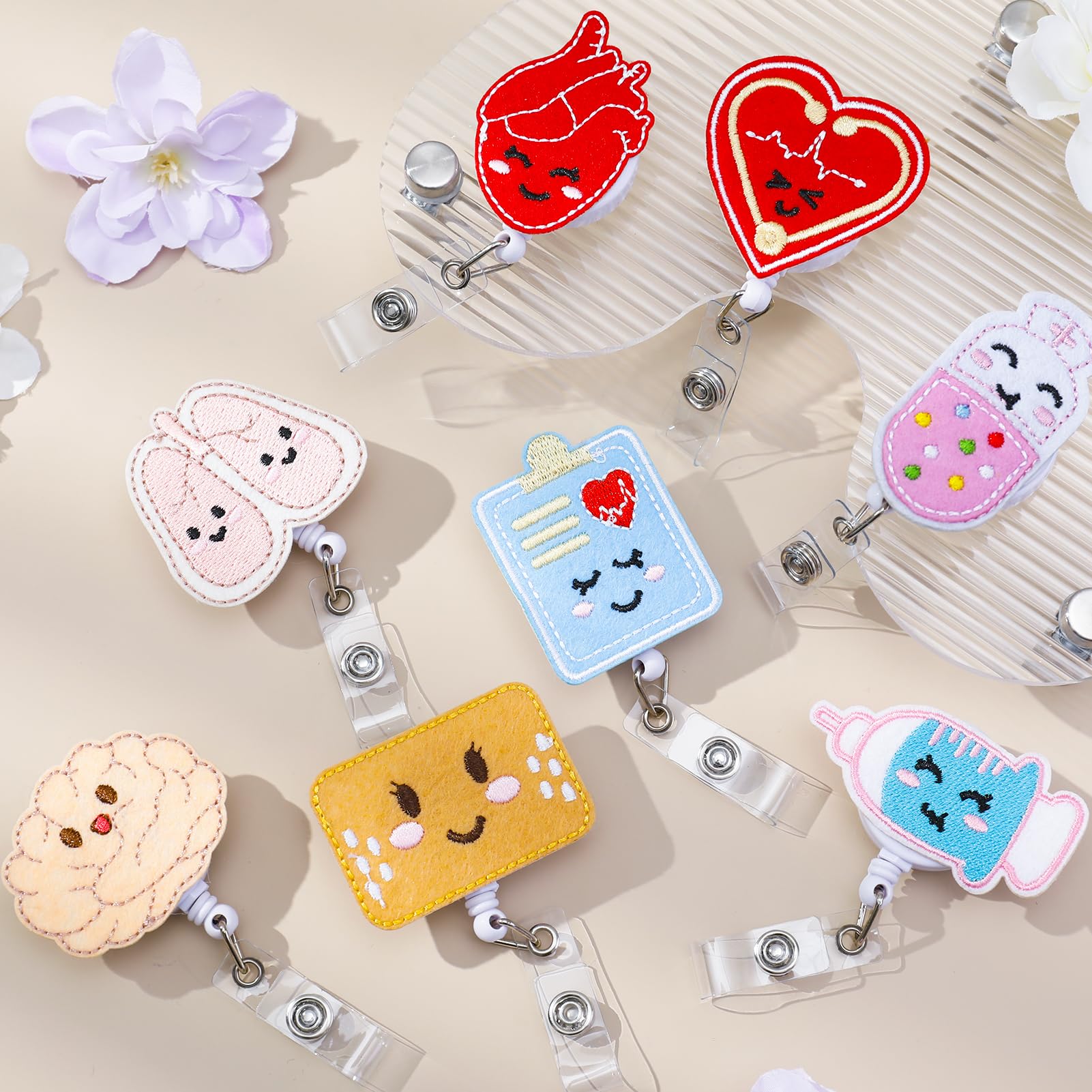 8 Pieces Felt Nurse Badge Reel Retractable Badge Holders Brain Heart Lung ID Badge Reel Cute Felt Badge Holder with Alligator Clip and Retractable Cord for Office School Hospital Nurses Teacher