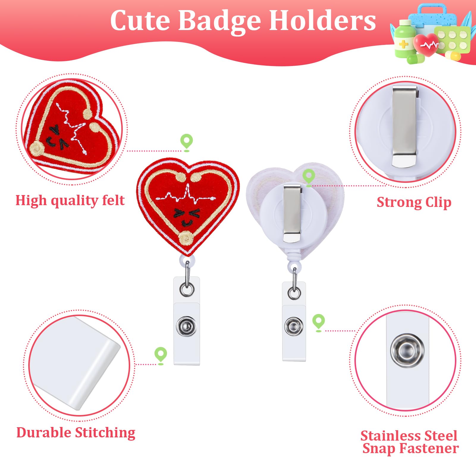 8 Pieces Felt Nurse Badge Reel Retractable Badge Holders Brain Heart Lung ID Badge Reel Cute Felt Badge Holder with Alligator Clip and Retractable Cord for Office School Hospital Nurses Teacher