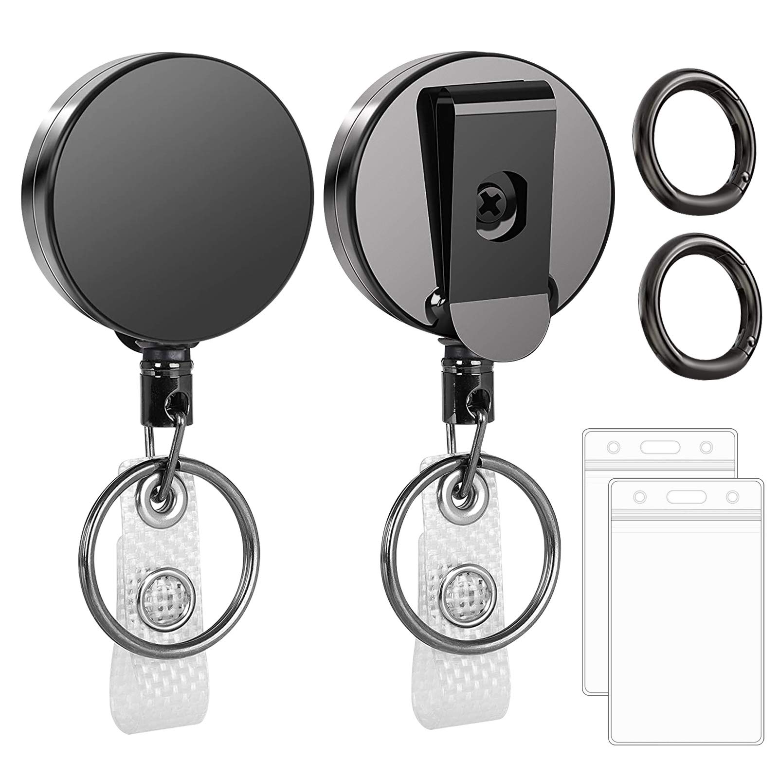 WWW (2 Pack) Heavy Duty Metal Retractable Badge Holders Reel with [Carabiner] [Belt Clip Key Ring ] and [2pcs Plastic ID Card Holders] 26.8 inches Reinforced Wire Cord