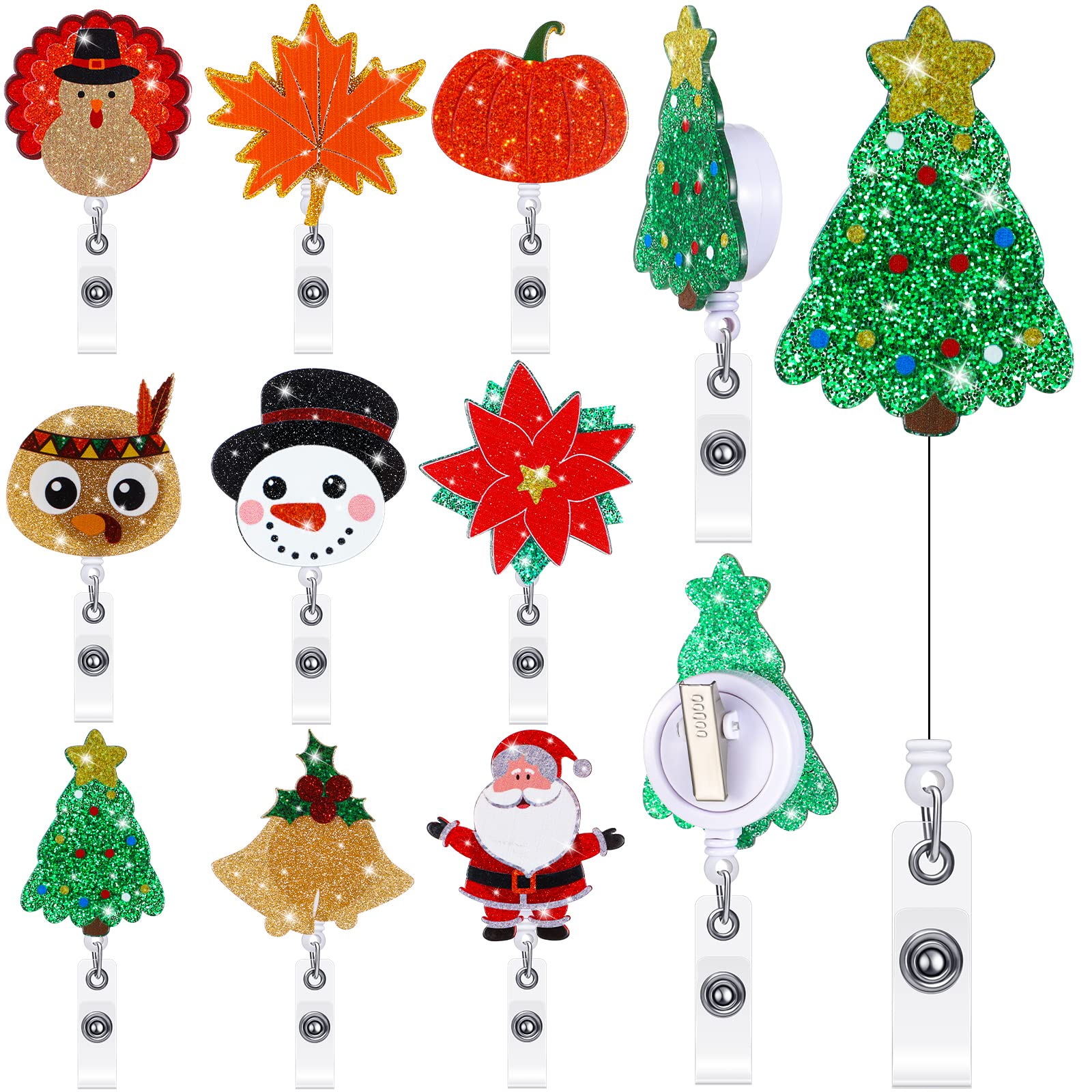 9 Pieces Christmas Badge Reel Holder Retractable Nurse Badge Reel Bling Glitter Holiday Badge Reels Cute Acrylic Id Name Badge Holder with Alligator Clip for Office Nurses Doctors