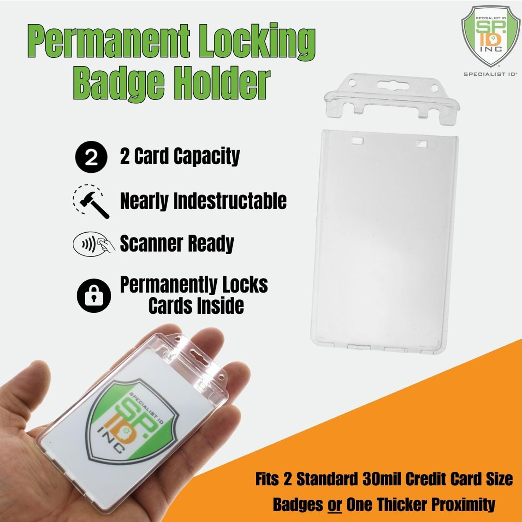 Permanent Locking Hard Plastic Badge Holder - Vertical Clear Heavy Duty Secure Case Holder for One or Two I'd Cards by Specialist ID