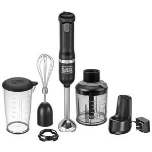 black+decker kitchen wand cordless immersion blender, 3 in 1 multi tool set, hand blender with charging dock, whisk and food chopper, black (bckm1013k10)