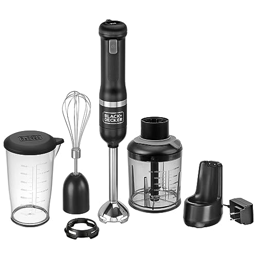 BLACK+DECKER Kitchen Wand Cordless Immersion Blender, 3 in 1 Multi Tool Set, Hand Blender with Charging Dock, Whisk and Food Chopper, Black (BCKM1013K10)