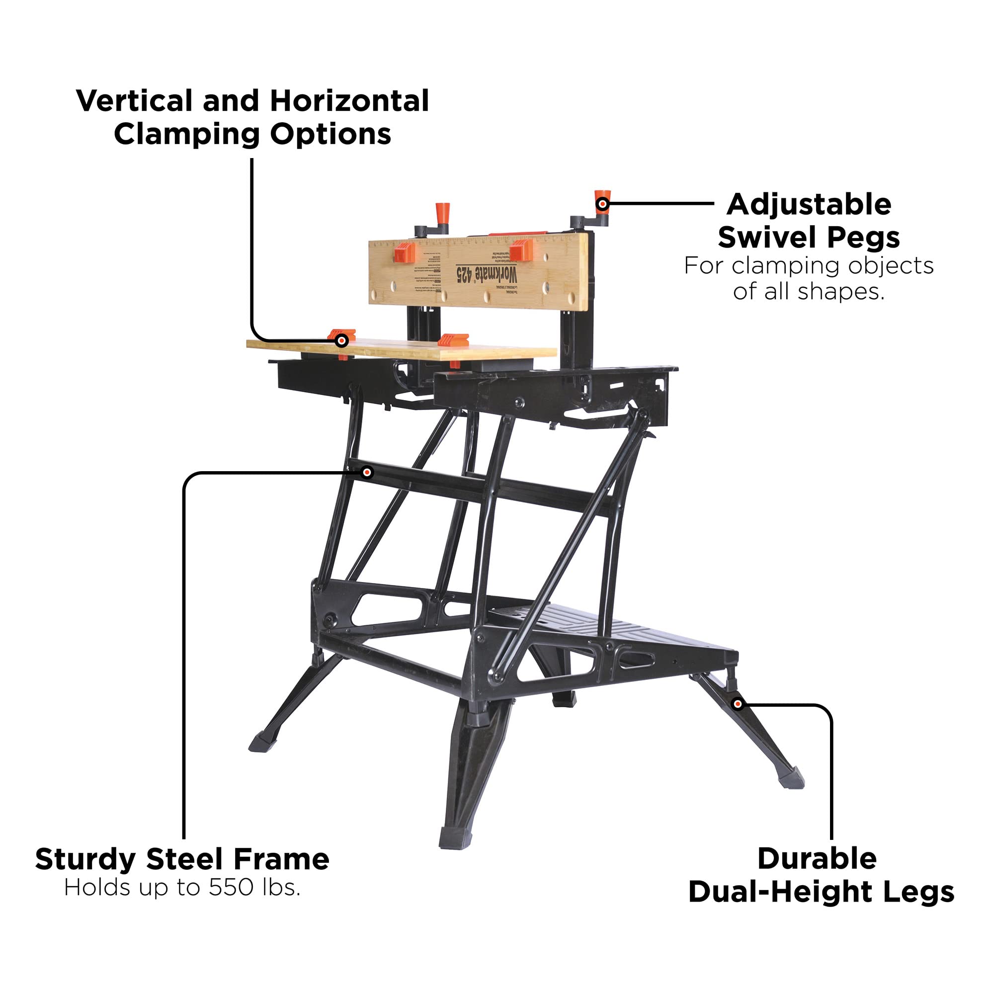 BLACK+DECKER Portable Workbench, Workmate Folding Workbench, 550 lb. Capacity with Clamps for Woodworking (WM425-A)