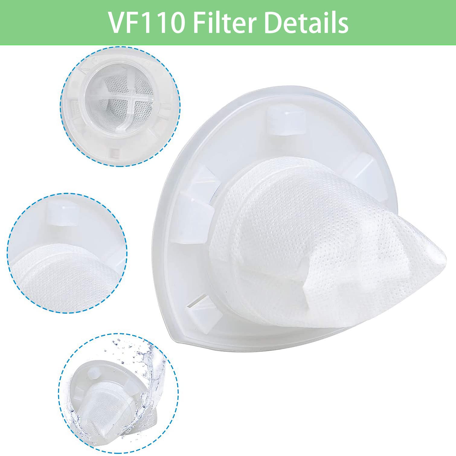 VF110 Filter, 6 Pack Replacement Vacuum Filters for Black & Decker VF110 Cordless Vacuum CHV1210, CHV1410, CHV1410B, CHV1410L, CHV1410L32, CHV1510, CHV9610, BDH2000L, 90558113-01