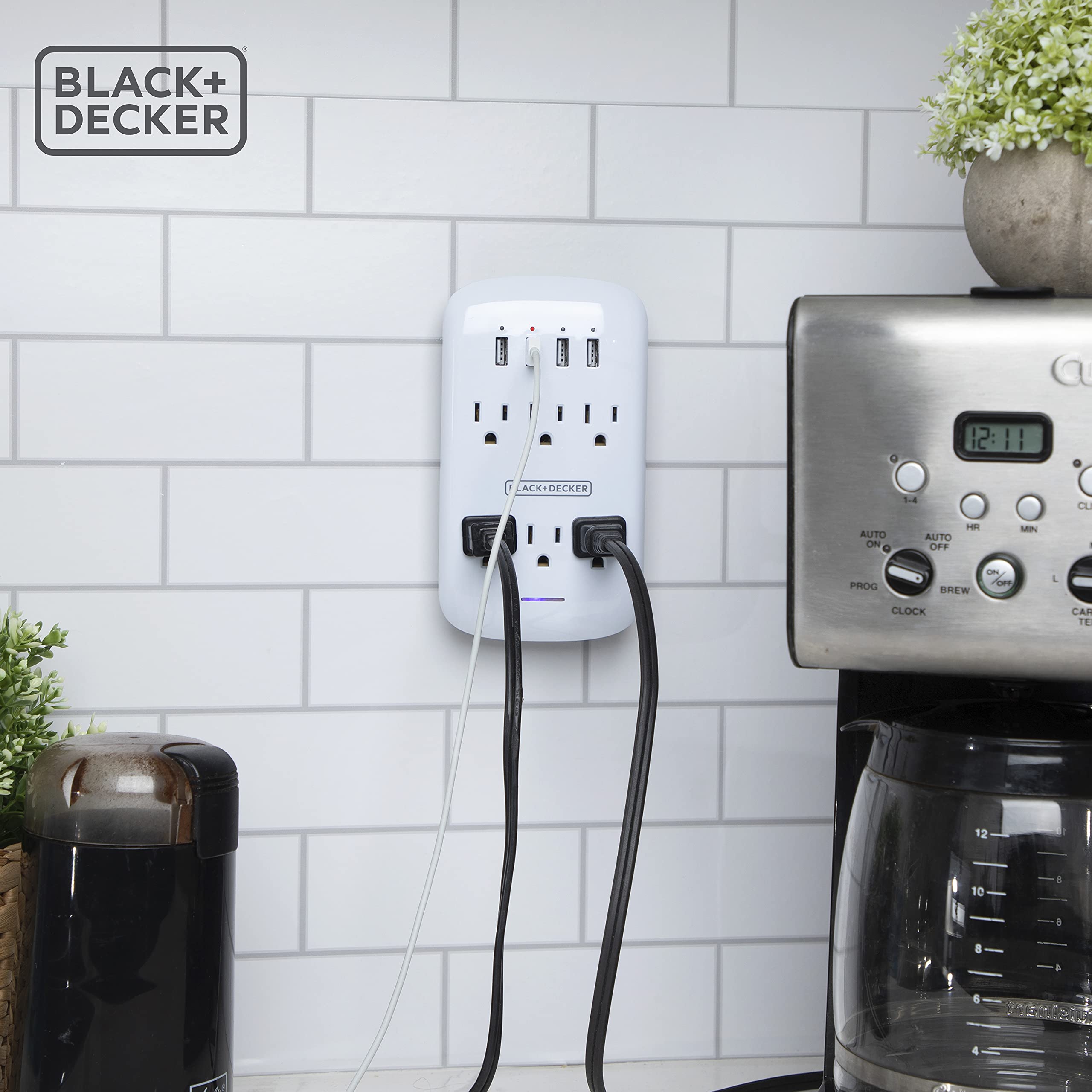 BLACK+DECKER Surge Protector Wall Mount with 6 Grounded Outlets, 4 USB Charging Ports, Sleek Power Adapter Tap and USB Wall Charger with Indicator Light, Auto Shutdown - 3-Prong Power Outlet Plug