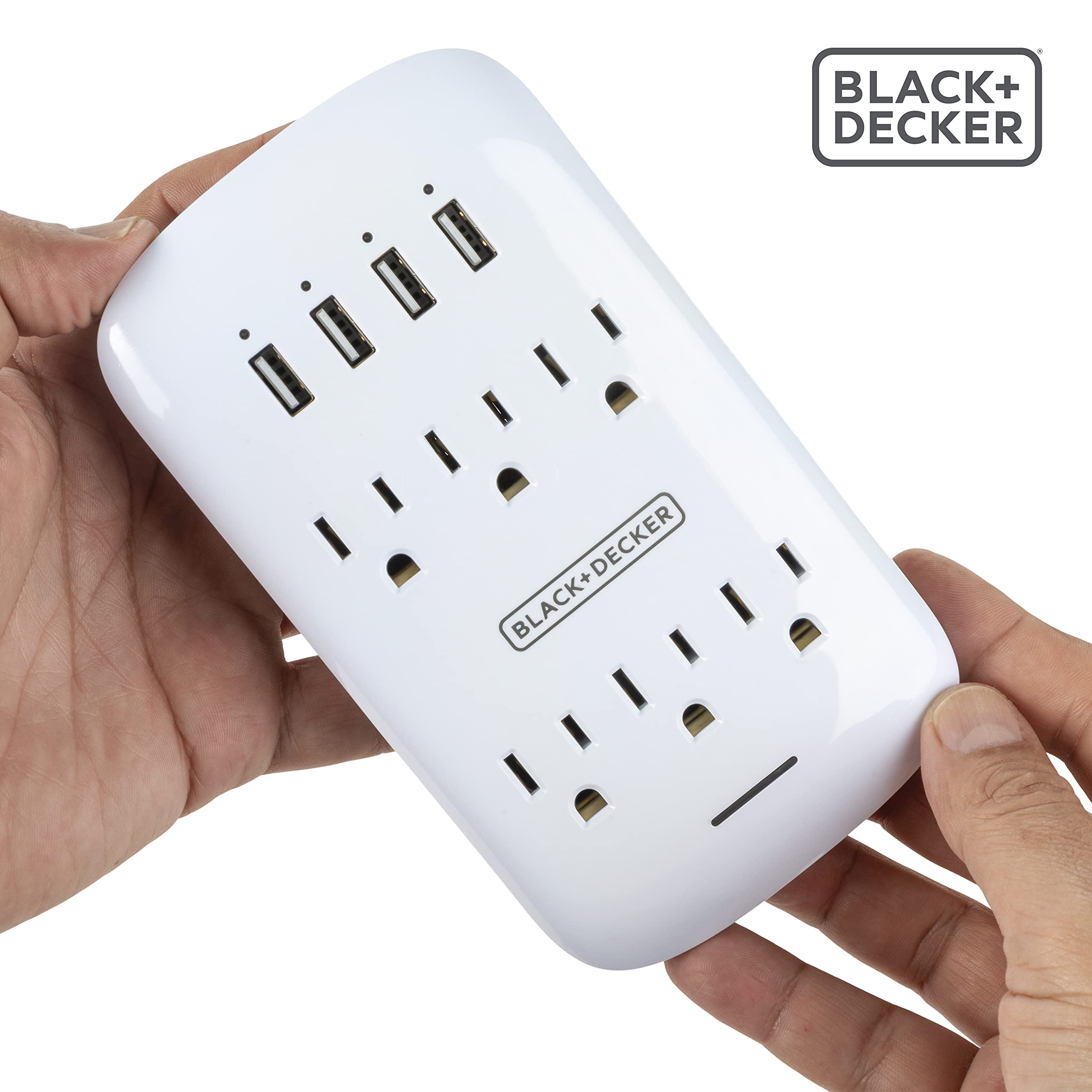 BLACK+DECKER Surge Protector Wall Mount with 6 Grounded Outlets, 4 USB Charging Ports, Sleek Power Adapter Tap and USB Wall Charger with Indicator Light, Auto Shutdown - 3-Prong Power Outlet Plug