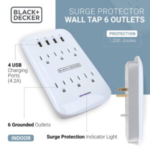 BLACK+DECKER Surge Protector Wall Mount with 6 Grounded Outlets, 4 USB Charging Ports, Sleek Power Adapter Tap and USB Wall Charger with Indicator Light, Auto Shutdown - 3-Prong Power Outlet Plug