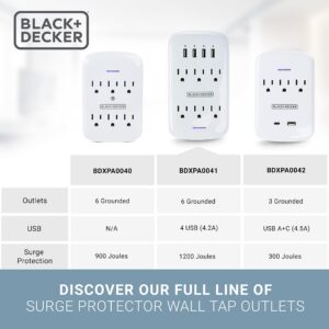 BLACK+DECKER Surge Protector Wall Mount with 6 Grounded Outlets, 4 USB Charging Ports, Sleek Power Adapter Tap and USB Wall Charger with Indicator Light, Auto Shutdown - 3-Prong Power Outlet Plug