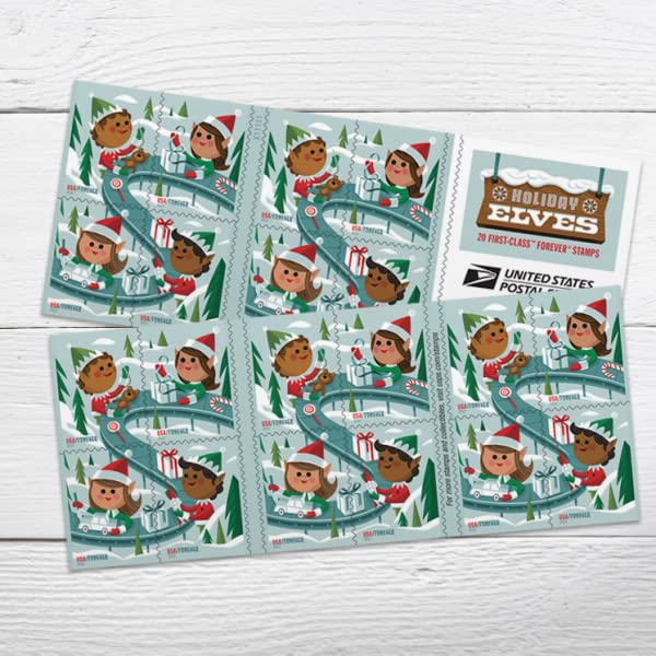 USPS Holiday Elves Forever Postage Stamps (1 Booklet, 20 Stamps)