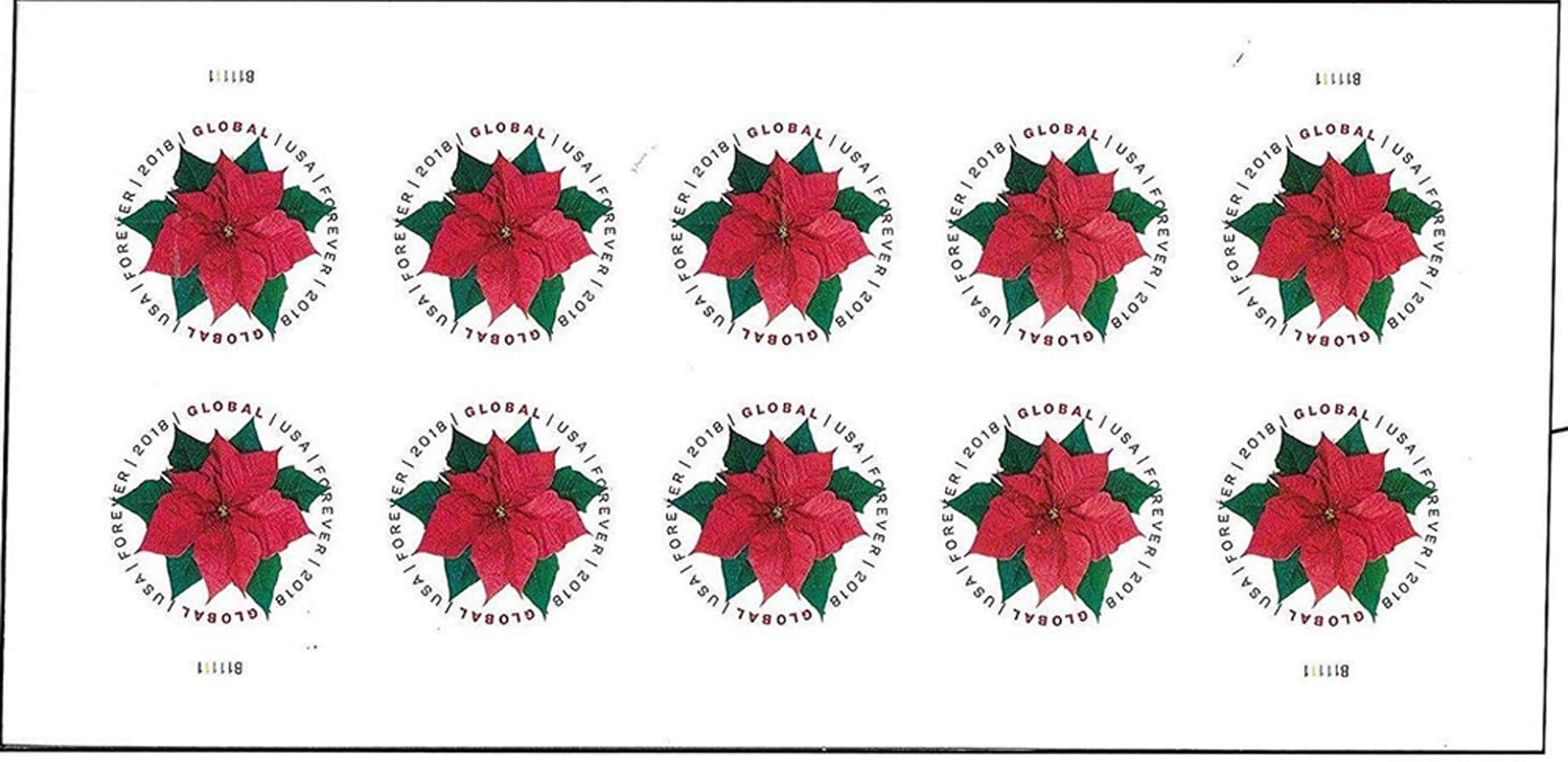 Global Poinsettia 1 Sheet of 10 International First Class Forever US Postage Stamps Mail Holiday Celebration Flower (10 stamps)