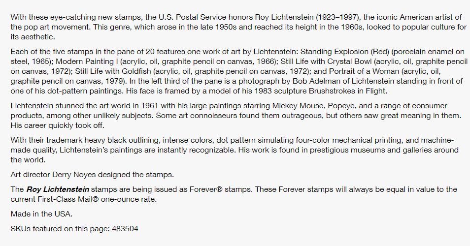 US Stamps 2023 SC#5788-5792 Roy Lichtenstein Stamps (20 Single Stamps) MNH VF
