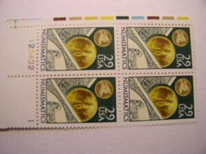 us 1991 postal stamps, numismatics, s# 2558, pb of 4 29 cent stamps