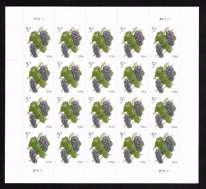 2017 grapes 5 cent stamp in sheet of twenty stamps scott 5177 .