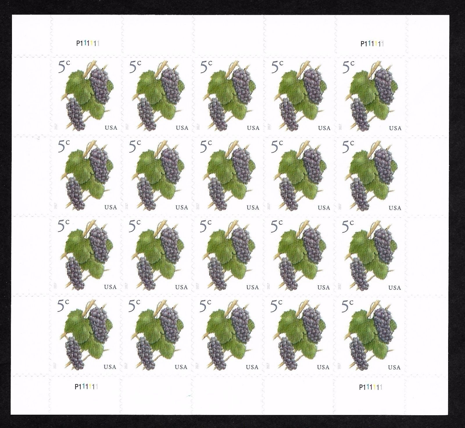 2017 Grapes 5 Cent Stamp In Sheet of Twenty Stamps Scott 5177 .